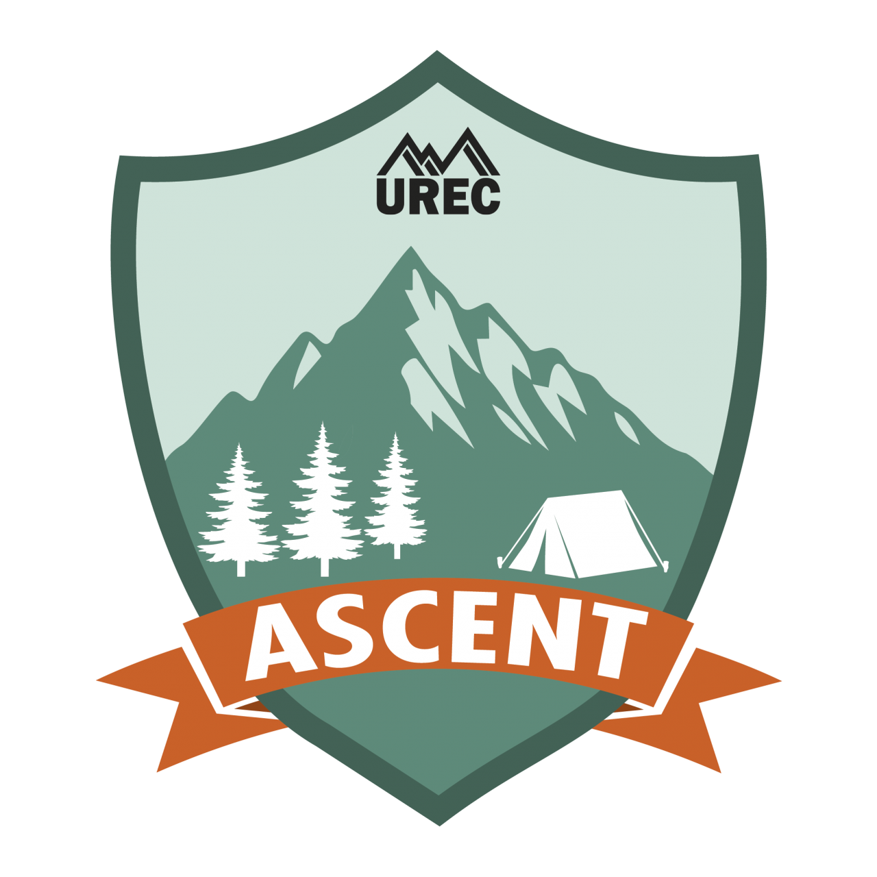 Ascent Logo to lead to the ascent information page. A badge with mountains, trees, and a tents, including the university recreation logo.